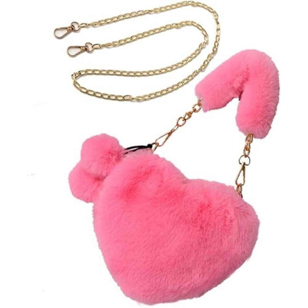 Soft Warm Faux Fur Fuzzy Crossbody Bag Heart Shape Plush Purse Women Wallets - Picture 5 of 5